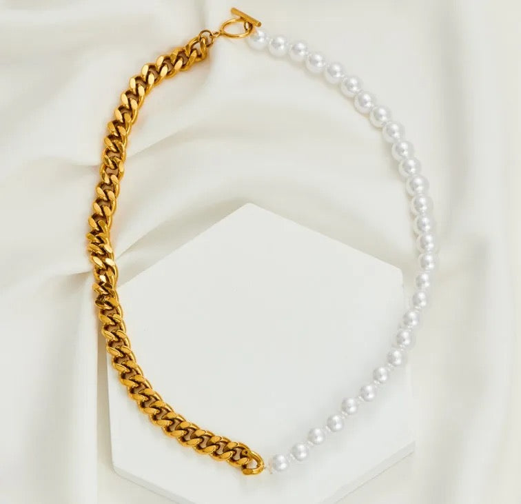 Half Pearl Half Chain Choker Necklace