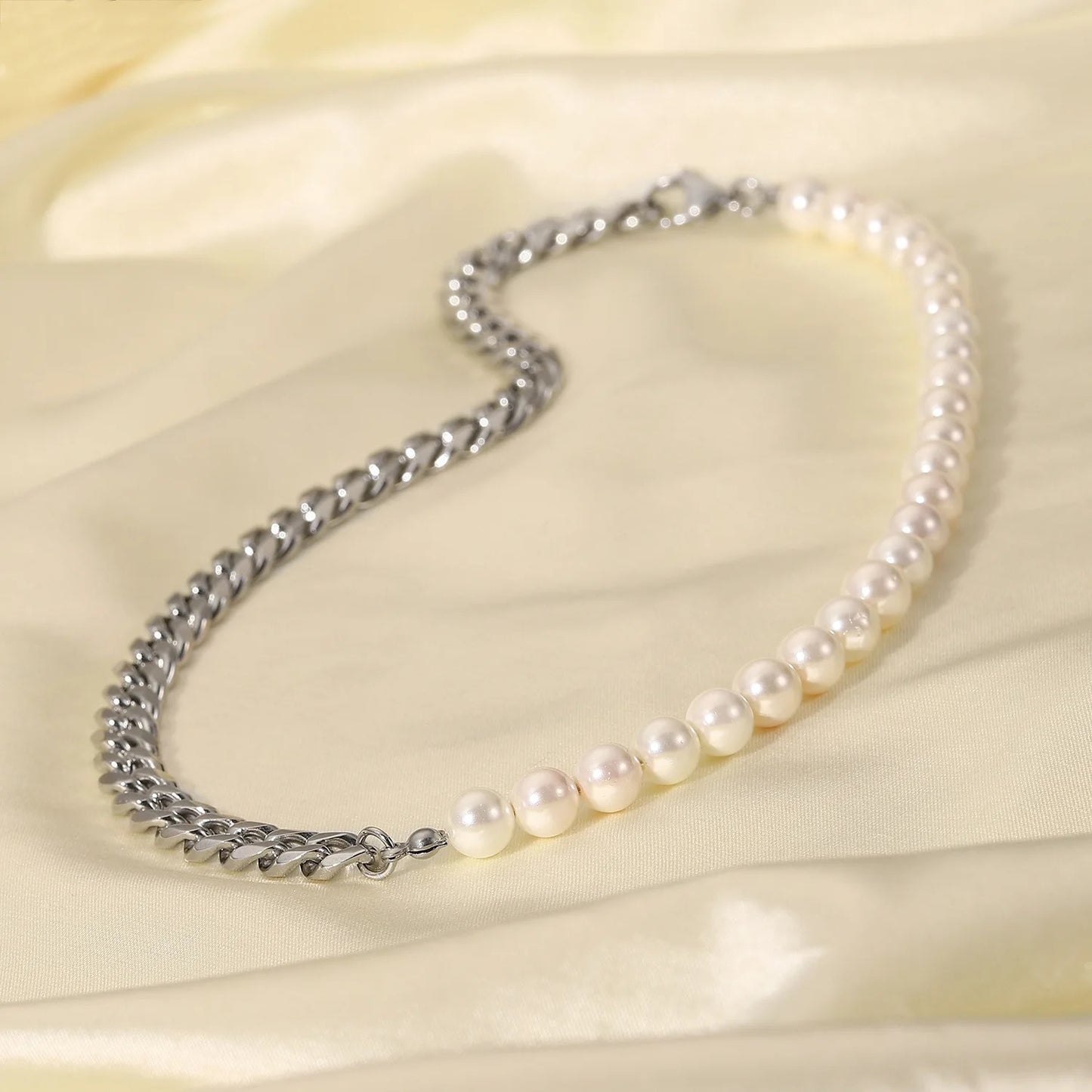 Half Pearl Half Chain Choker Necklace