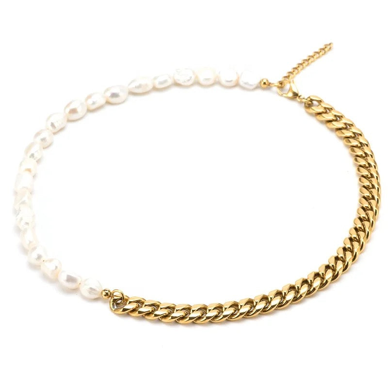 Half Pearl Half Chain Choker Necklace