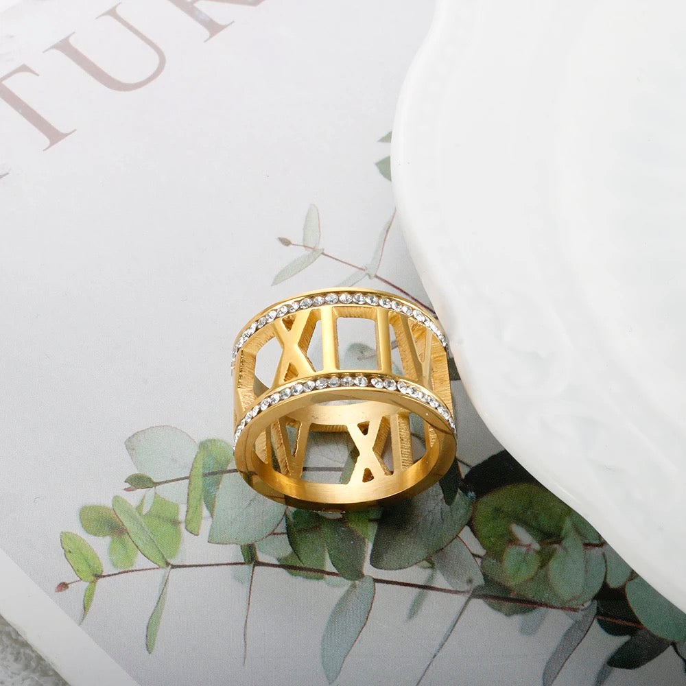 Double Row Roman Numbers Crystal Rings