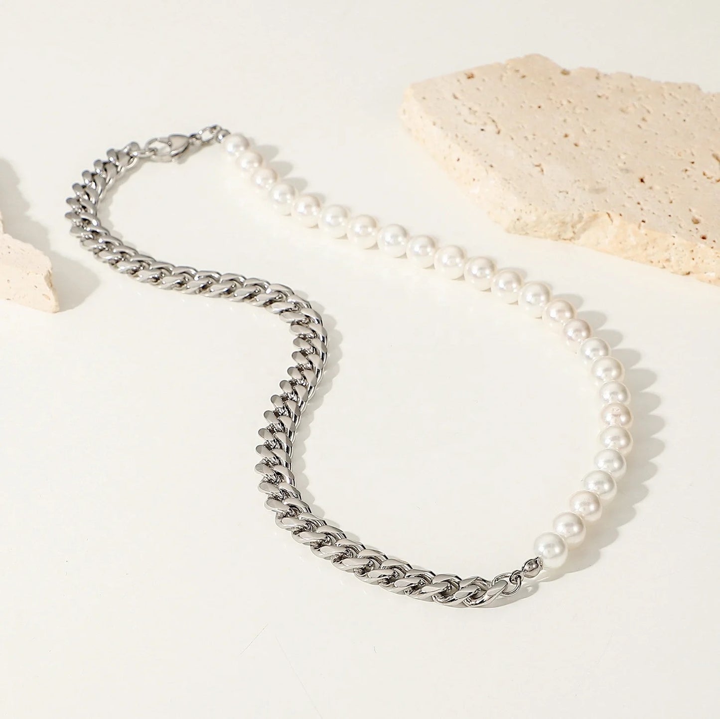Half Pearl Half Chain Choker Necklace
