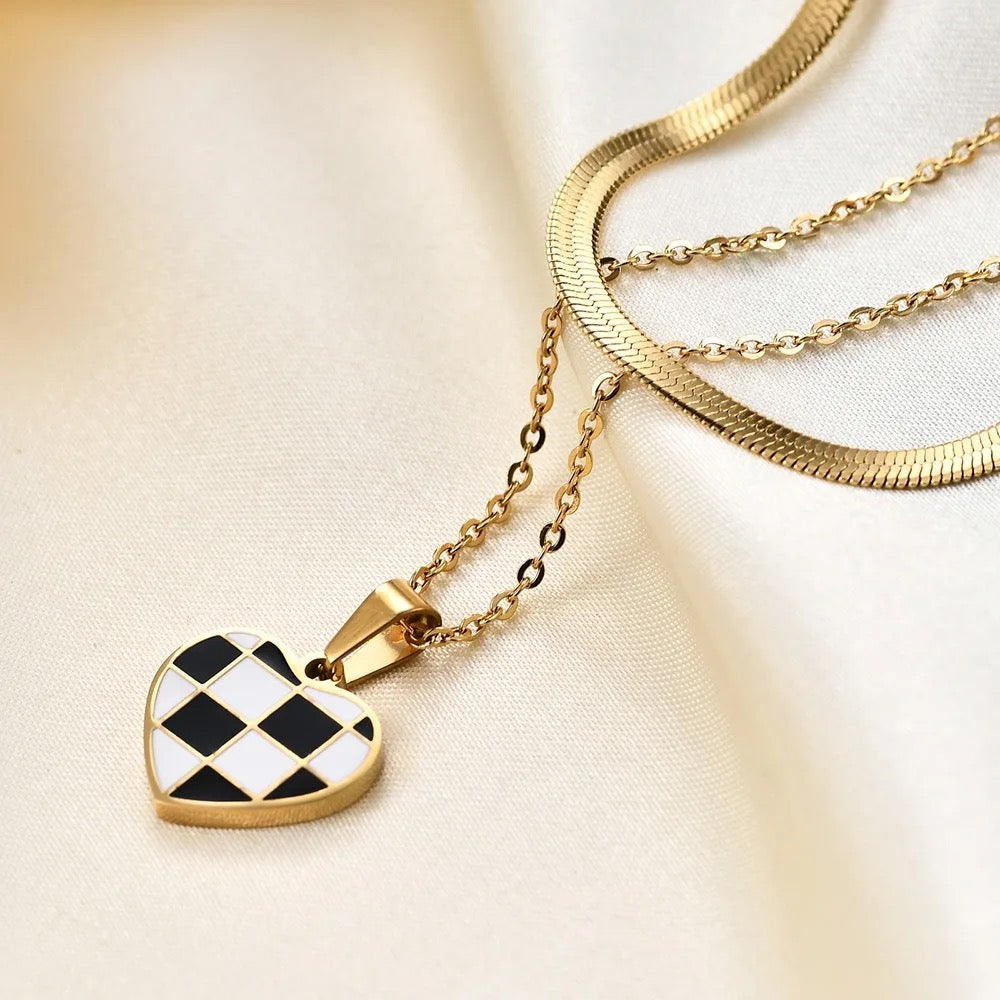 Checkboard Heart Double Chain Snake Necklace