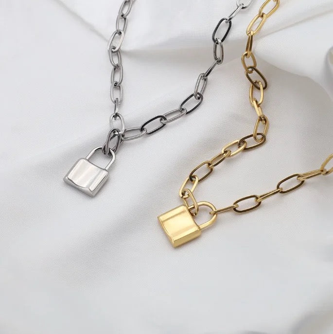 Double Chain Lock Pendant Necklace