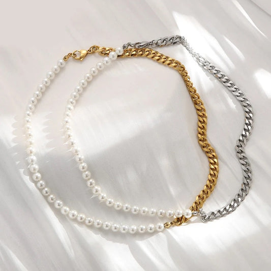 Half Pearl Half Chain Choker Necklace