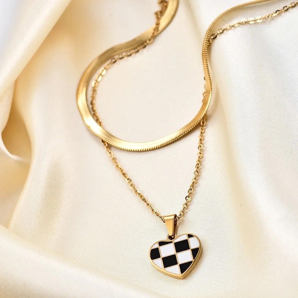 Checkboard Heart Double Chain Snake Necklace