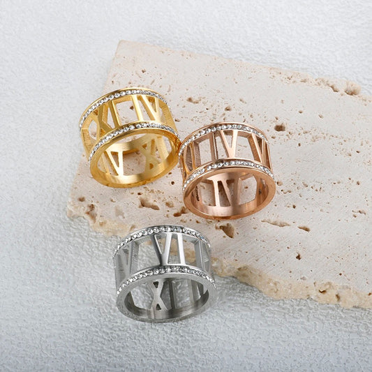 Double Row Roman Numbers Crystal Rings