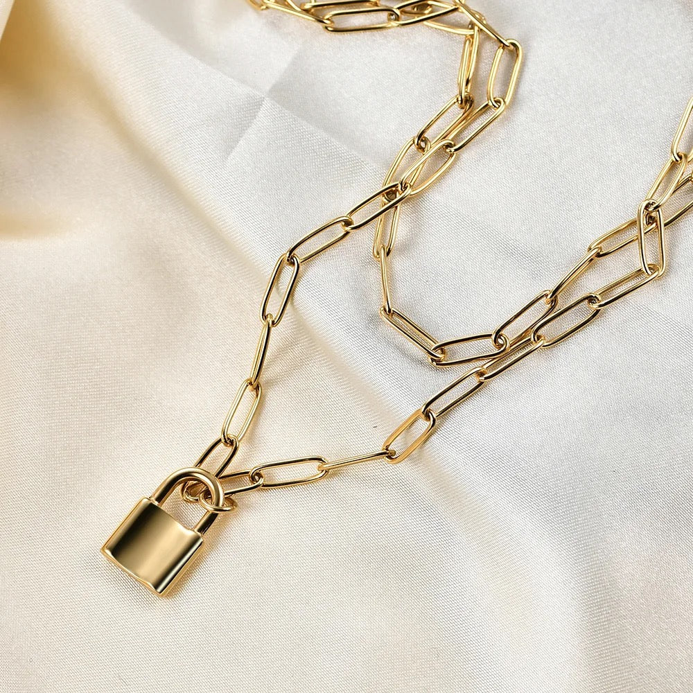 Double Chain Lock Pendant Necklace