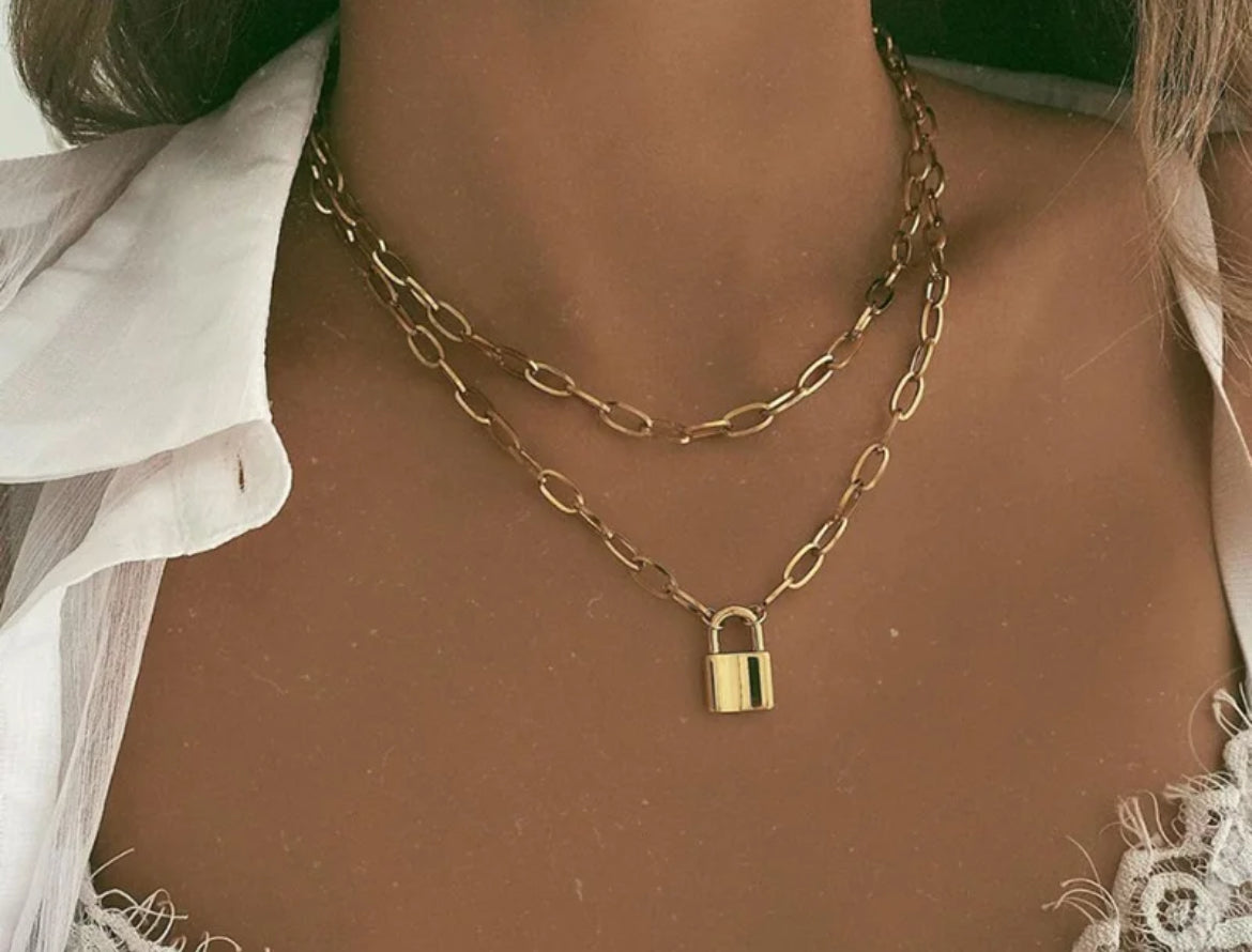 Double Chain Lock Pendant Necklace