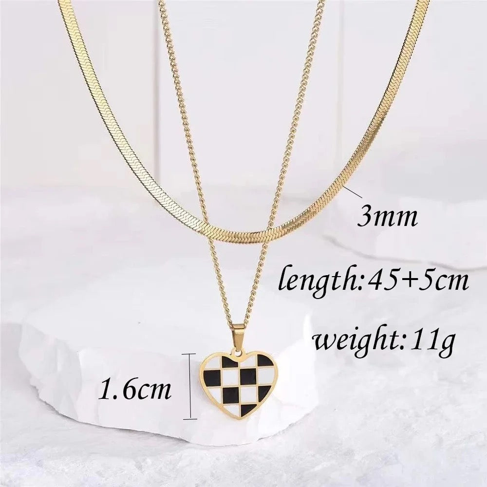 Checkboard Heart Double Chain Snake Necklace