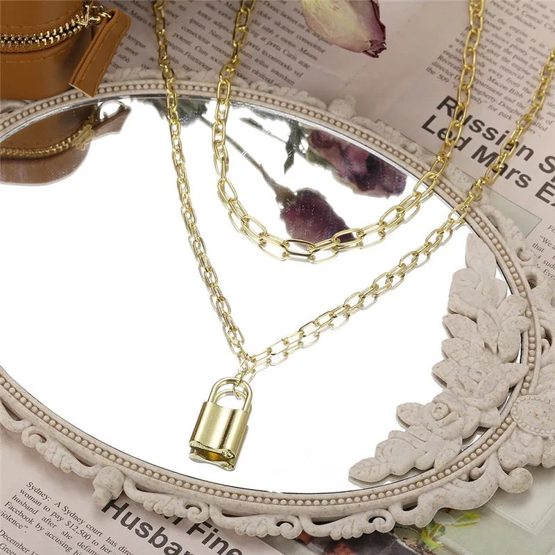 Double Chain Lock Pendant Necklace