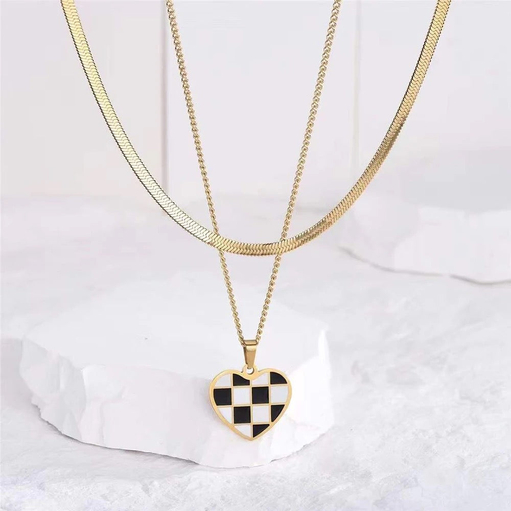 Checkboard Heart Double Chain Snake Necklace