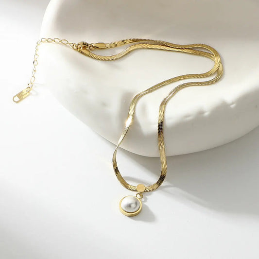 Flat Snake Chain Pearl Necklace