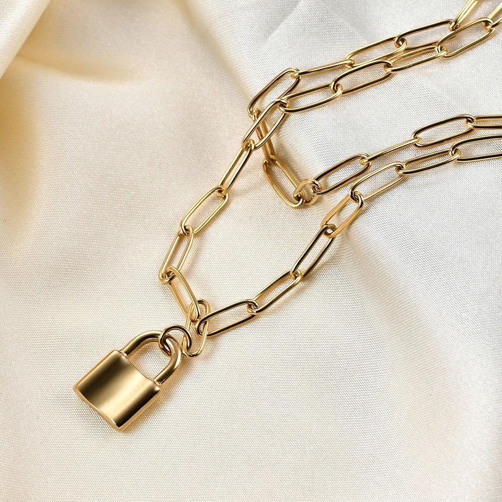 Double Chain Lock Pendant Necklace