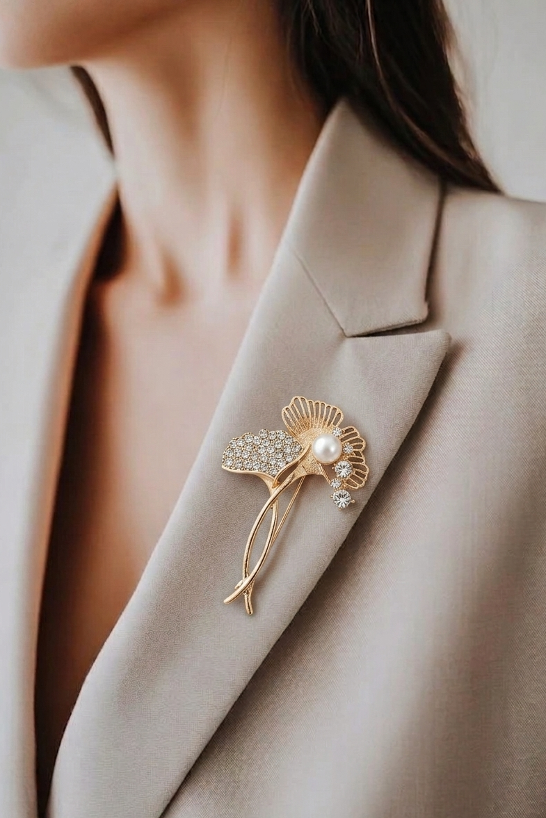 Ginkgo Pearl Brooch