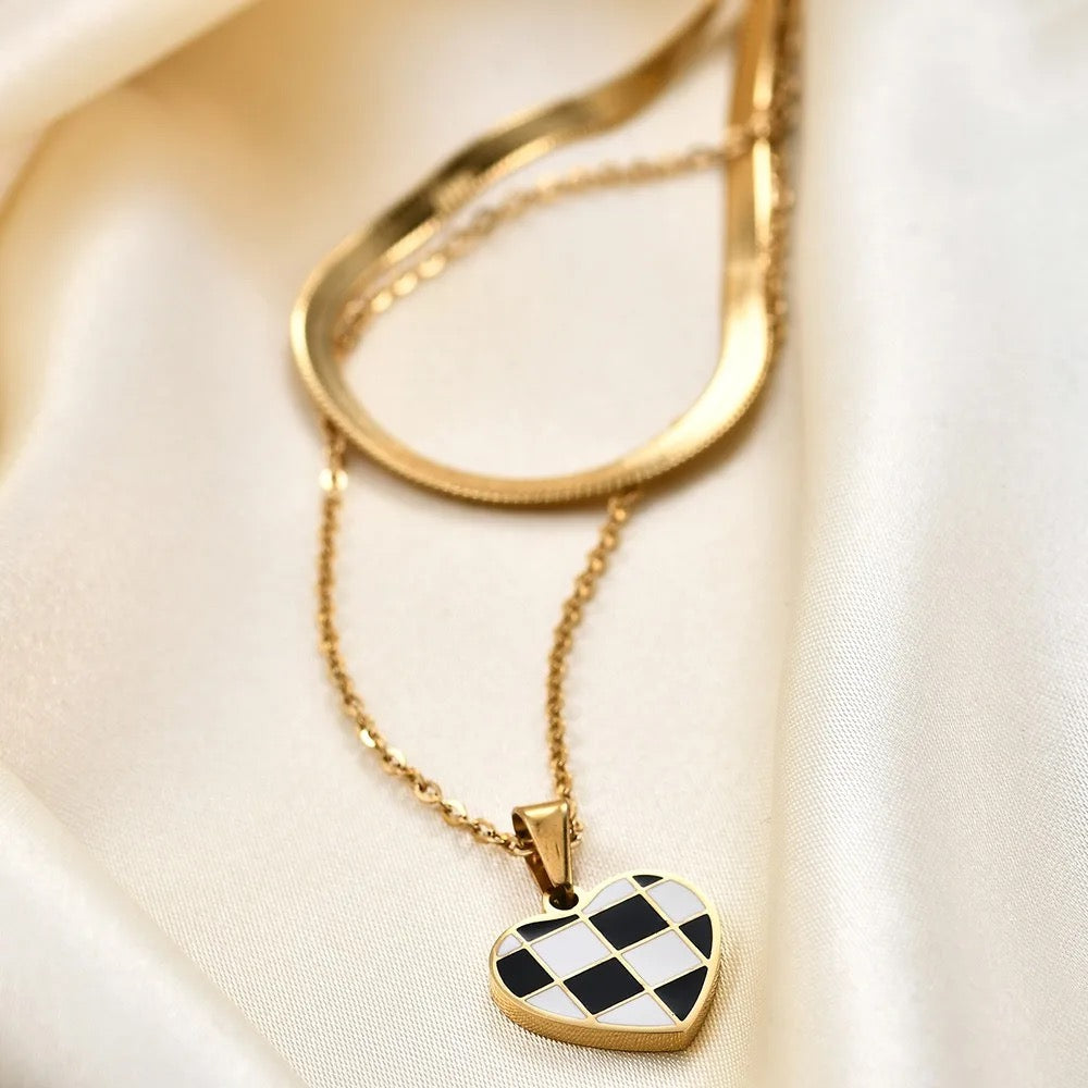 Checkboard Heart Double Chain Snake Necklace