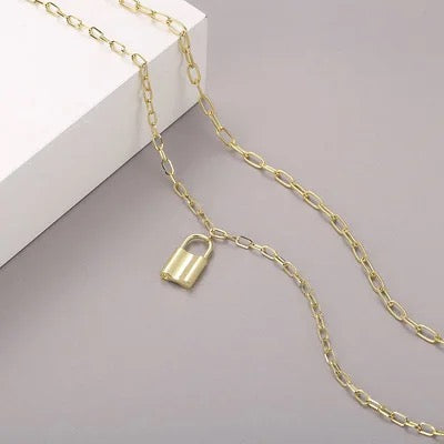 Double Chain Lock Pendant Necklace