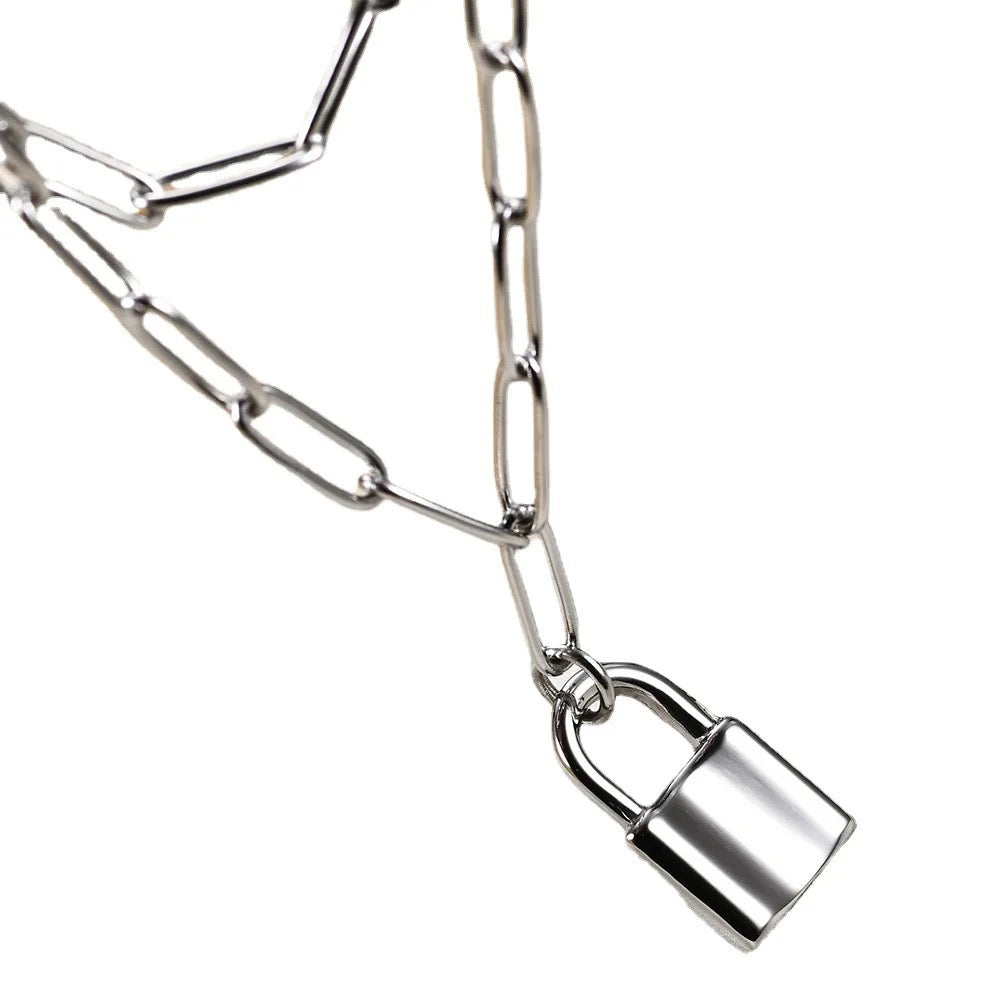 Double Chain Lock Pendant Necklace