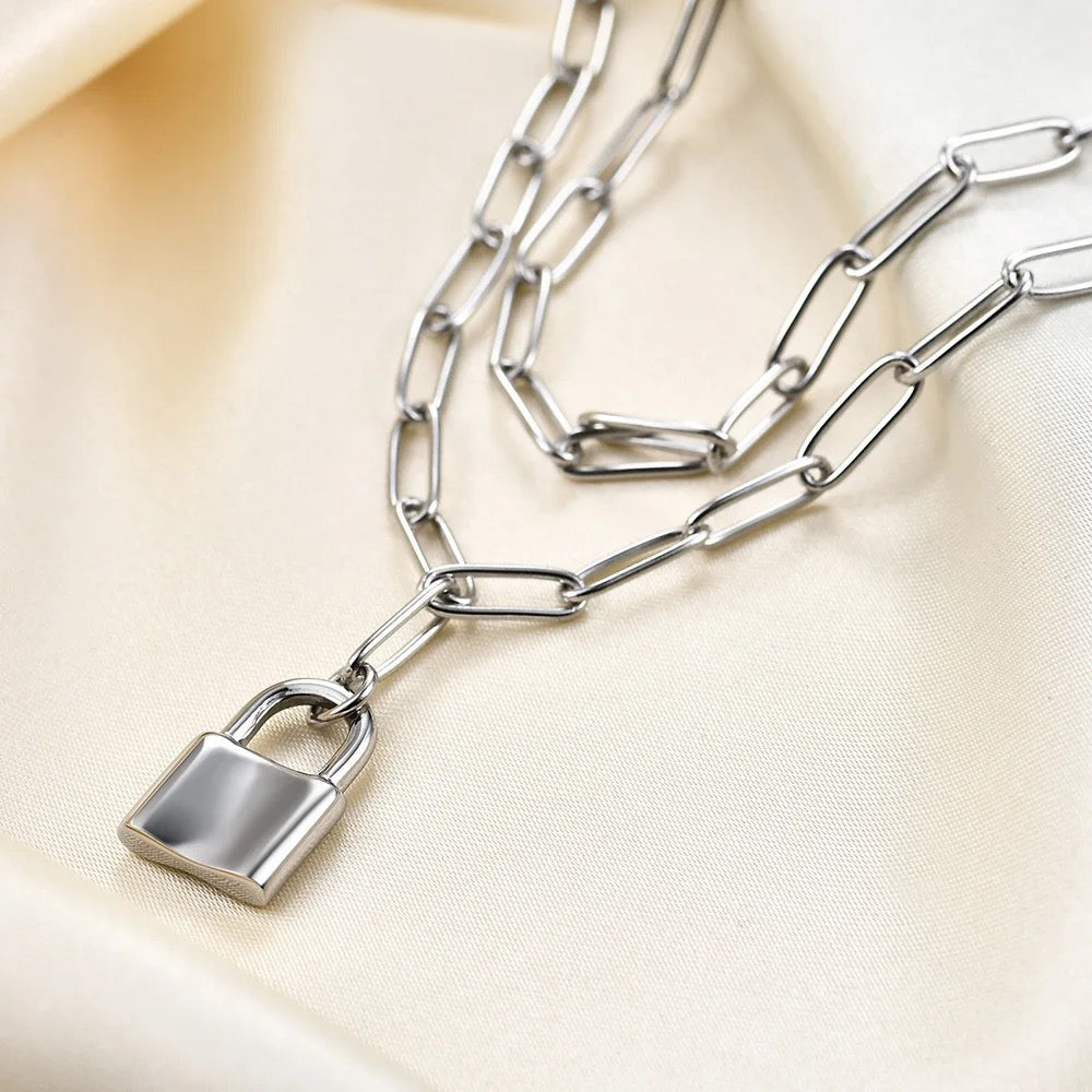 Double Chain Lock Pendant Necklace